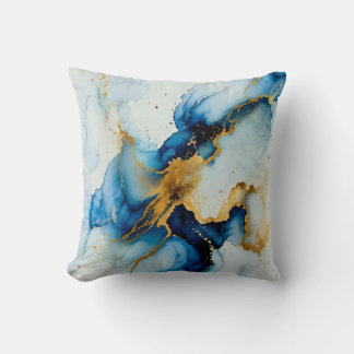 Modern Blue and Gold Alcohol Ink Abstract Throw Pi Pillow