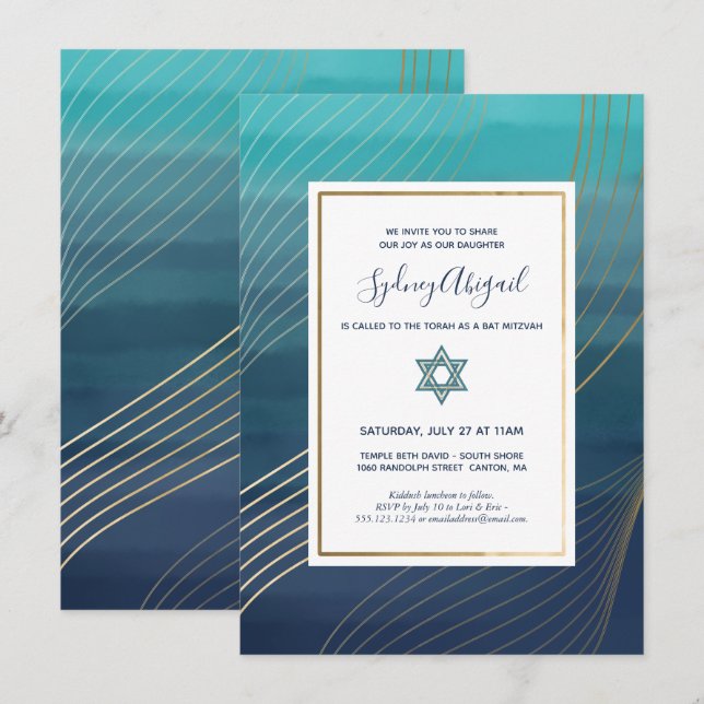 Modern Blue and Gold Bat Mitzvah or Bar Mitzvah Invitation (Front/Back)