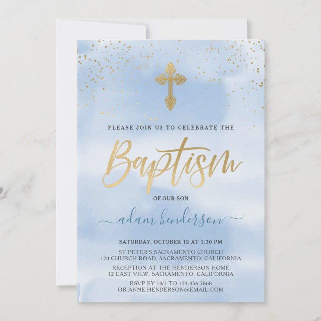 Modern Blue And Gold Boy Baptism Invitation (Front)