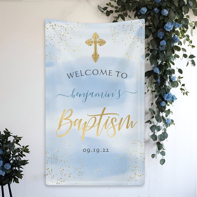 Modern Blue And Gold Boy Baptism Welcome Banner (Creator Uploaded)