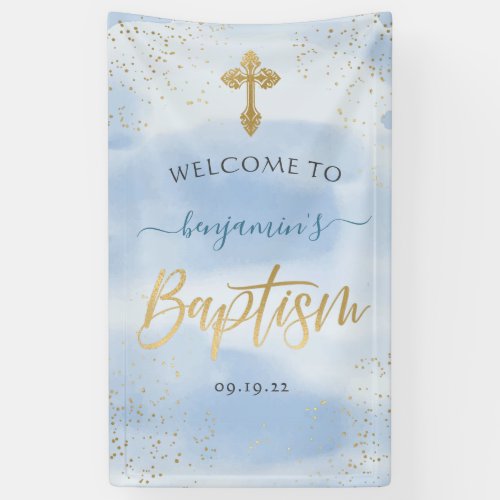 Modern Blue And Gold Boy Baptism Welcome Banner