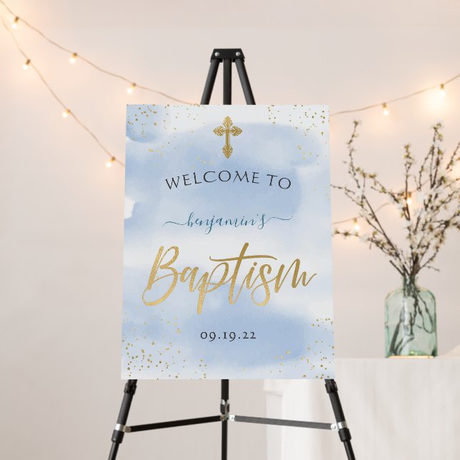Modern Blue And Gold Boy Baptism Welcome Foam Board (In Situ (Stand))