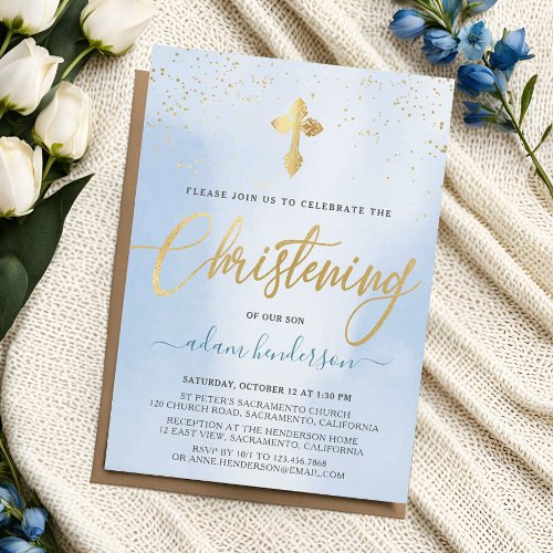 Modern Blue And Gold Boy Christening Invitation