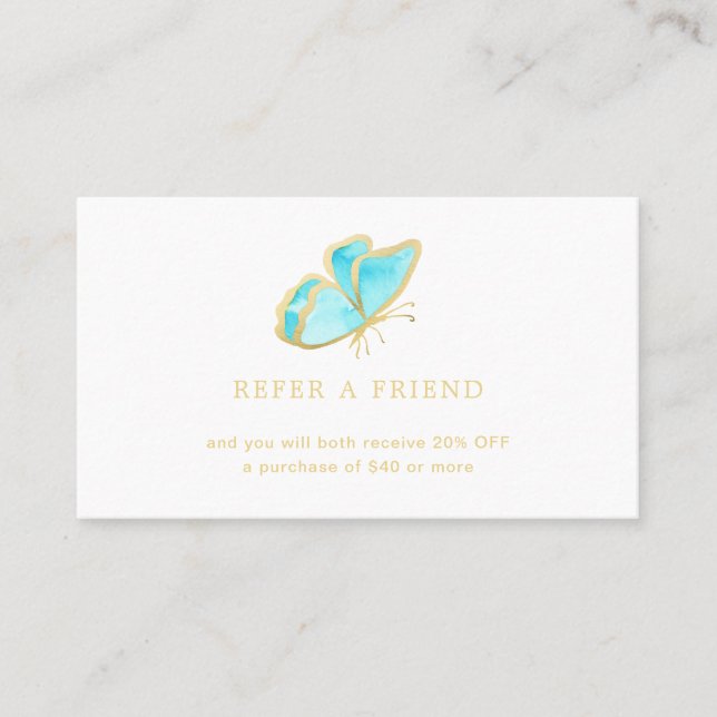 Modern Blue and Gold Butterfly Elegant Referral Card (Front)