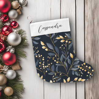 Modern Blue And Gold Christmas Leaf Large Christmas Stocking