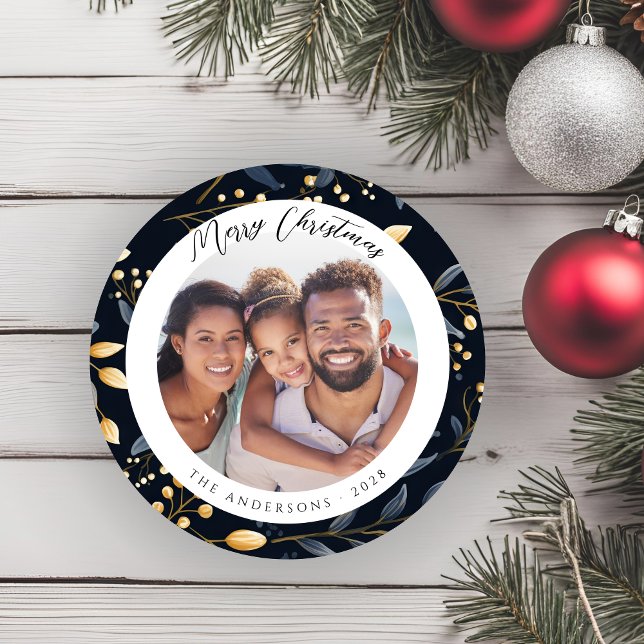 Modern Blue And Gold Christmas Leaf Round Photo Holiday Card (Elegant Blue and Gold Leaves Round Christmas Card)