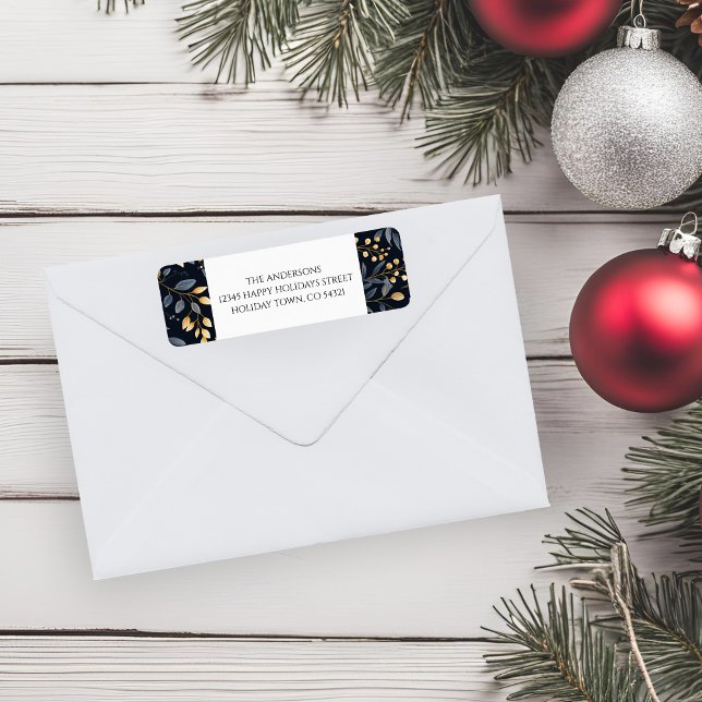 Modern Blue And Gold Christmas Leaves Label (Blue And Gold Christmas Leaf Return Address Labels)