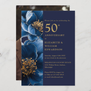 Modern Blue And Gold Floral 50th Anniversary Photo Invitation
