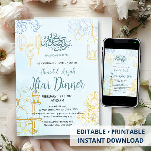 Modern Blue and Gold Floral Ramadan Iftar Dinner Invitation