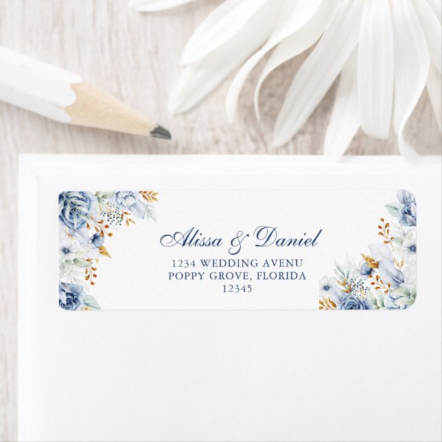 Modern Blue and Gold Floral Wedding Address Label (Insitu)