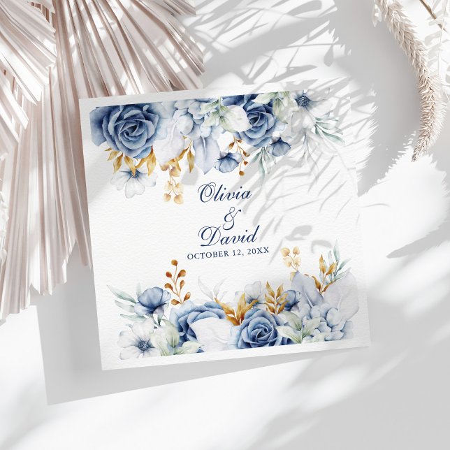 Modern Blue and Gold Floral Wedding Napkins (Modern Blue and Gold Floral Wedding Napkins on a sunny white table with neutral dry botanicals.)