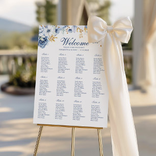 Modern Blue and Gold Floral Wedding Seating Chart Foam Board