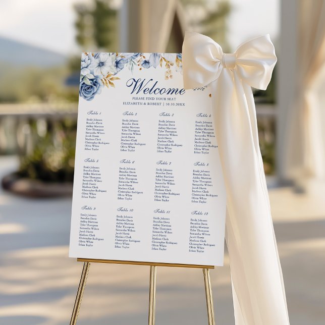 Modern Blue and Gold Floral Wedding Seating Chart Foam Board (Modern Blue and Gold Floral Wedding Seating Chart Foam Board with a white silk bow.)