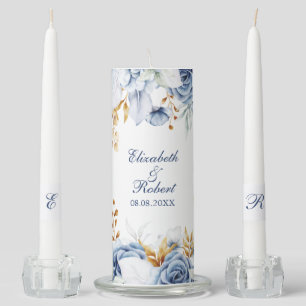 Modern Blue and Gold Floral Wedding Unity Candle Set