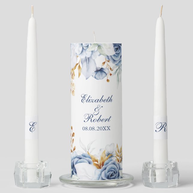 Modern Blue and Gold Floral Wedding Unity Candle Set (Front)