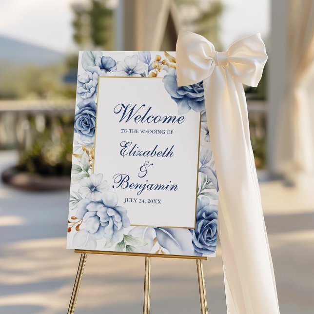Modern Blue and Gold Floral Wedding Welcome Foam Board (Modern Blue and Gold Floral Wedding Welcome Foam Board with a white silk bow.)