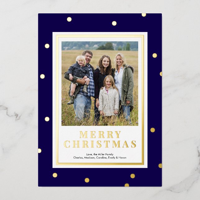 Modern Blue and Gold Foil Christmas Photo Card (Front)