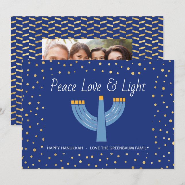 Modern Blue and Gold Foil Hanukkah Card (Front/Back)