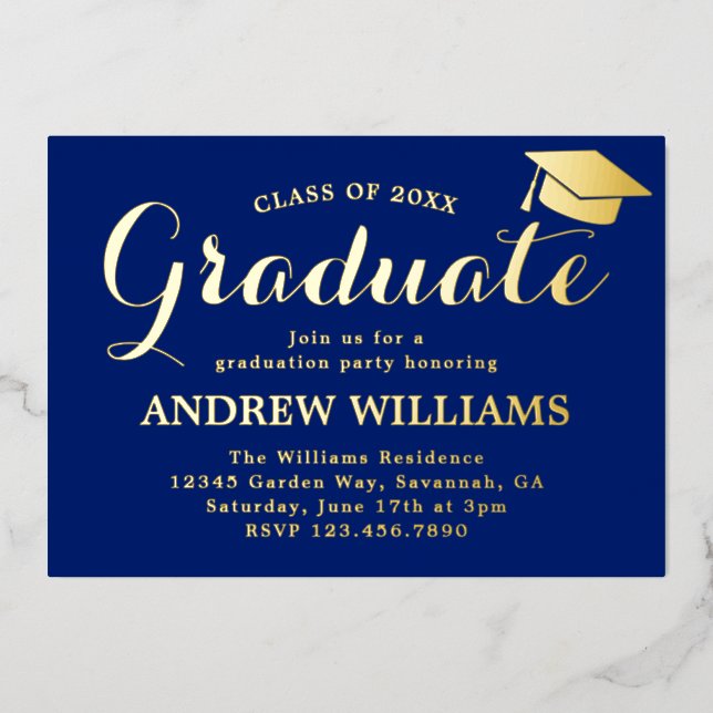 Modern Blue And Gold Graduation Party Foil Invitation (Front)