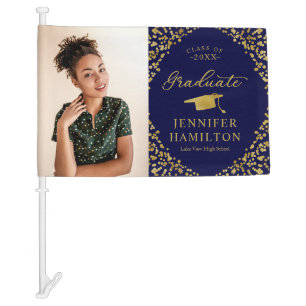 Modern Blue and Gold Graduation Photo Parade Car Flag