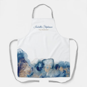 Modern Blue and Gold Liquid Watercolor Ink Apron