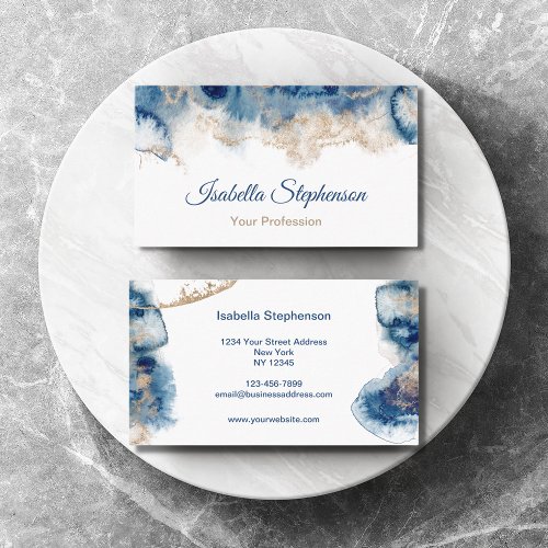 Modern Blue and Gold Liquid Watercolor Ink Business Card