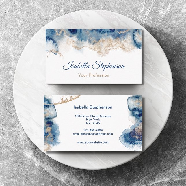 Modern Blue and Gold Liquid Watercolor Ink Business Card (Creator Uploaded)