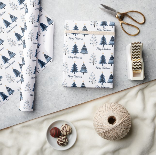 Modern Blue and Gold Merry Christmas Trees Roll Wrapping Paper (Crafts)