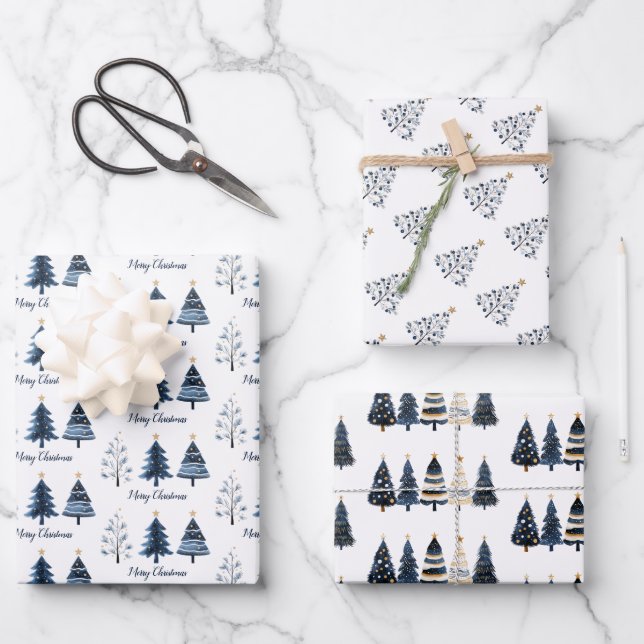 Modern Blue and Gold Merry Christmas Trees Wrapping Paper Sheets (Front)