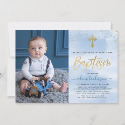 Modern Blue And Gold Photo Boy Baptism  Invitation