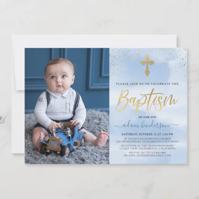 Modern Blue And Gold Photo Boy Baptism Invitation | Zazzle