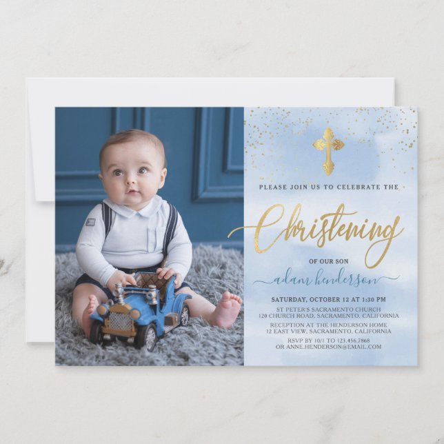 Modern Blue And Gold Photo Boy Christening Invitation (Front)