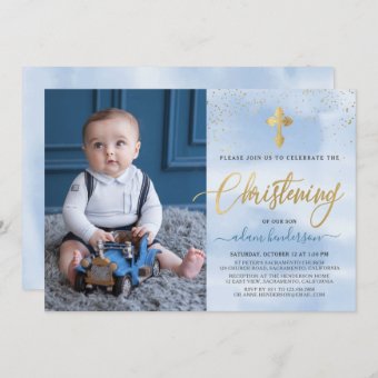 Modern Blue And Gold Photo Boy Christening Invitation | Zazzle