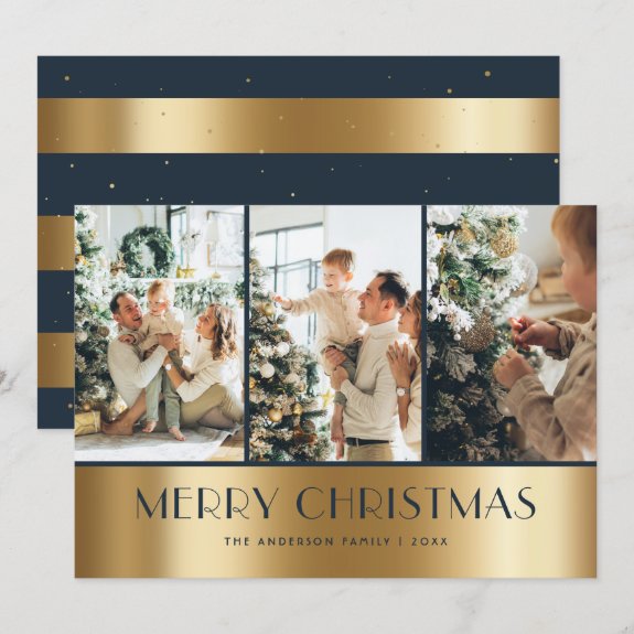Modern Blue and Gold Photo Collage Christmas Card