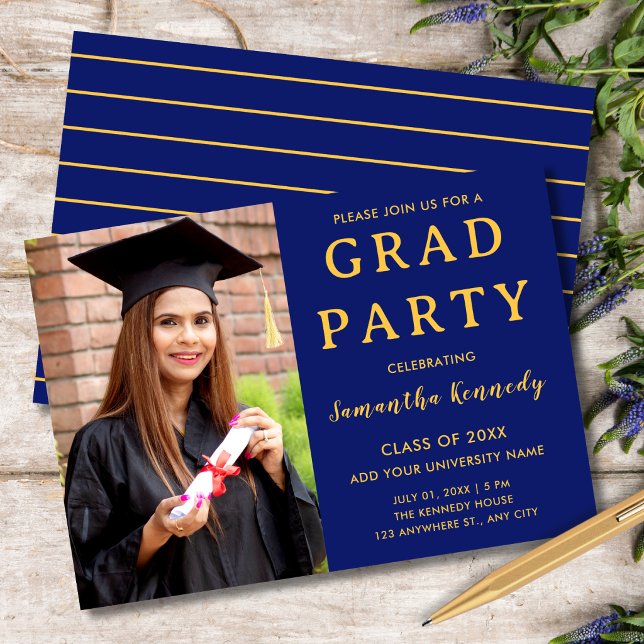 Modern Blue And Gold Photo Graduation 2026 Party Invitation (Creator Uploaded)
