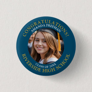 Modern Blue and Gold Photo Graduation Button
