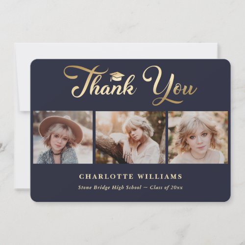 Modern Blue and Gold Photo Graduation Thank You Card