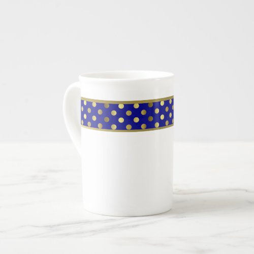 Modern Blue and Gold Polka Dot Band Bone China Mug