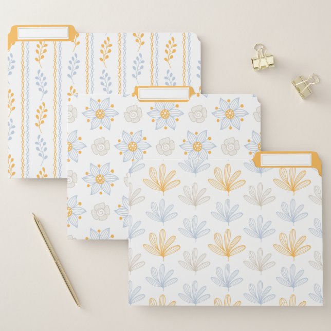 Modern Blue and Gold Retro Floral Leaves File Folder (Set)