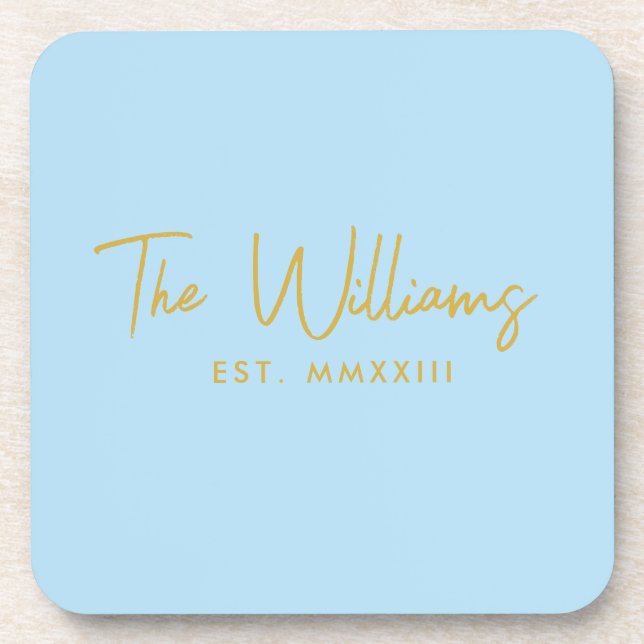 Modern Blue and Gold Script Established Date Beverage Coaster (Front)