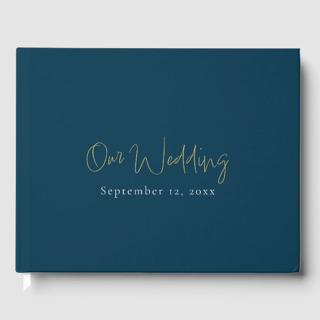 Modern blue and gold script, minimalistic wedding guest book (Front)