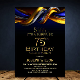 Modern Blue and Gold Surprise 75th Birthday Party Invitation