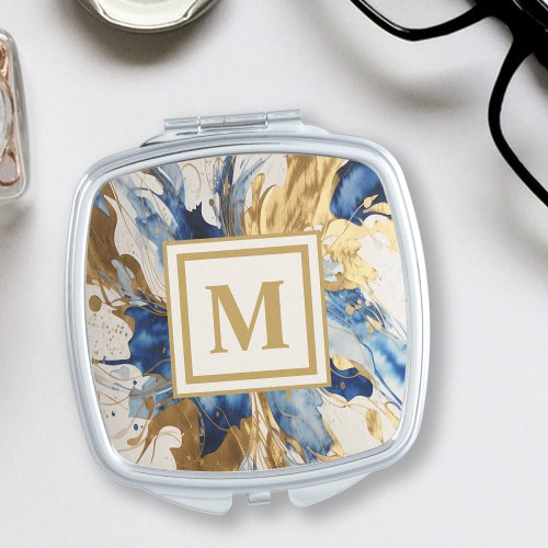 Modern Blue and Gold Watercolor Abstract Monogram Compact Mirror