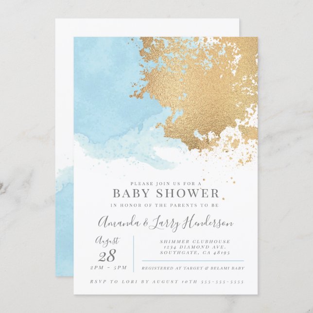 Modern Blue and Gold Watercolor Baby Shower Invitation (Front/Back)