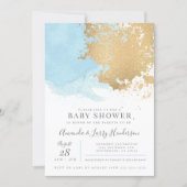 Modern Blue and Gold Watercolor Baby Shower Invitation (Front)