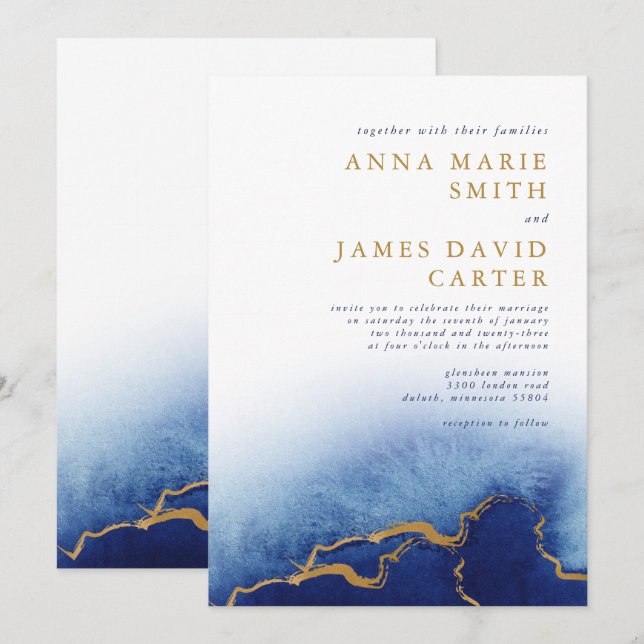 Modern Blue and Gold Watercolor Wedding Invitation (Front/Back)