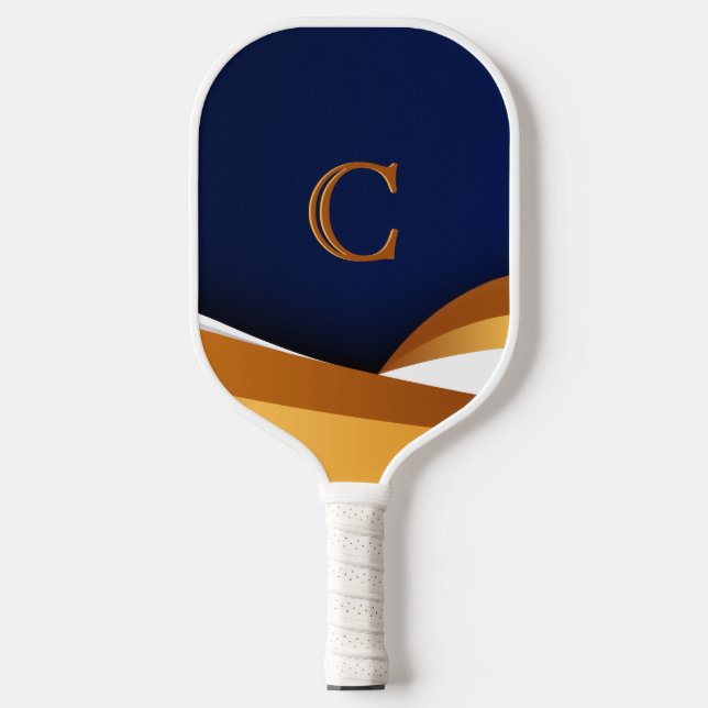 Modern Blue and Gold Wave Monogram Design Pickleball Paddle (Front)