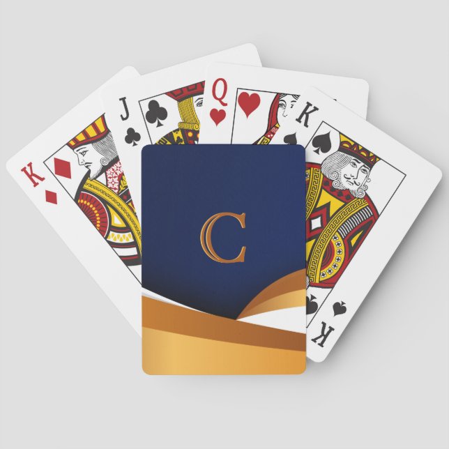 Modern Blue and Gold Wave Monogram Design Poker Cards (Back)