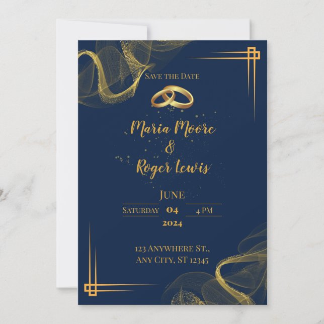 Modern Blue and Gold Wedding Invitation (Front)