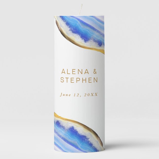 Modern Blue and Gold Wedding Pillar Candle (Front)